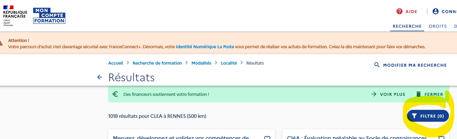 capture champs filtre de la plateforme mon compte formation