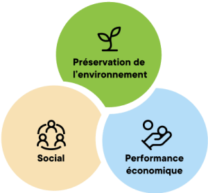 Schéma composé de trois cercles colorés reliés entre eux représentant la préservation de l’environnement, le social et la performance économique.