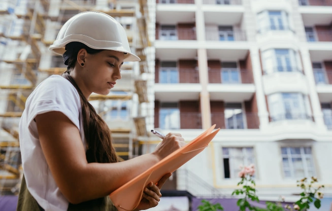 Personne portant un casque de chantier prenant des notes sur un document devant un bâtiment en construction.