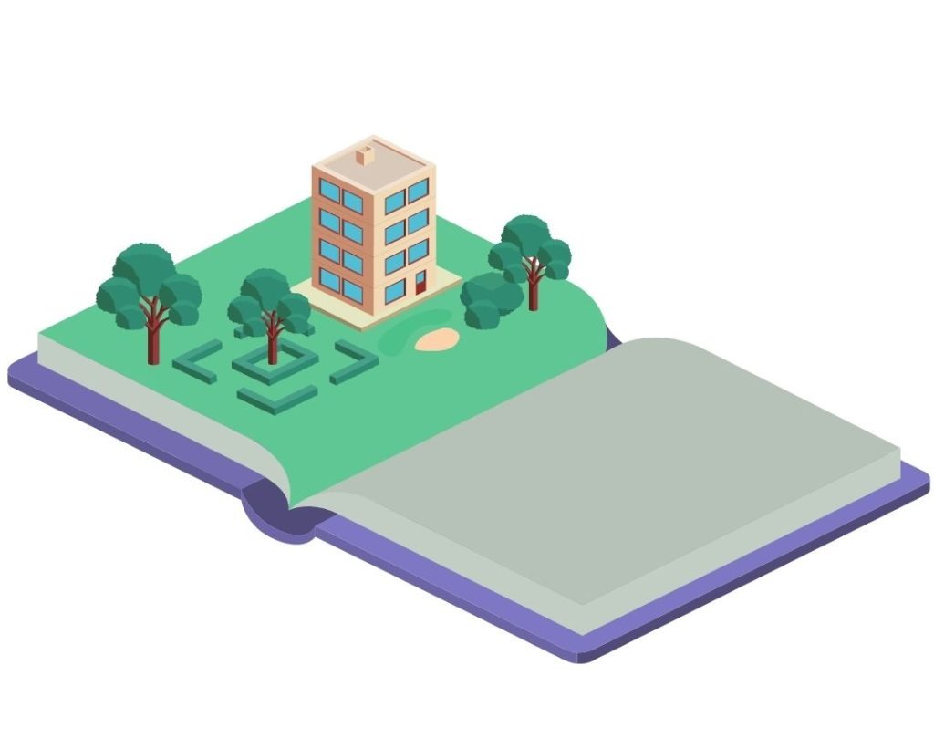 Illustration d’un bâtiment entouré d’arbres, représenté sur un livre ouvert.