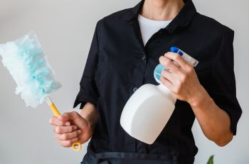Personne en tenue professionnelle tenant un plumeau de nettoyage et un pulvérisateur.