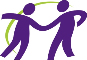 Logo composé de deux silhouettes stylisées violettes se tenant par les mains devant un cercle vert.