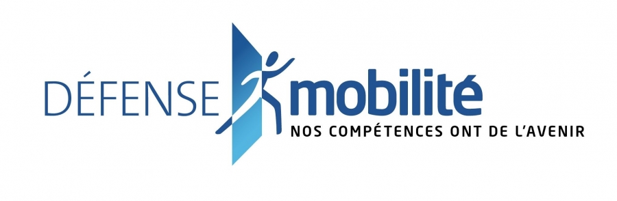Logo Défense mobilité avec un personnage stylisé bleu et le slogan « Nos compétences ont de l’avenir ».