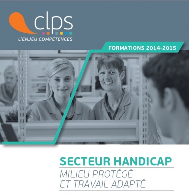 Couverture d’un catalogue CLPS présentant deux personnes dans un atelier et le titre « Secteur handicap, milieu protégé et travail adapté ».