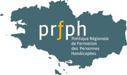 Logo PRFPH accompagné de la mention « Politique Régionale de Formation des Personnes Handicapées » sur une silhouette de la Bretagne.