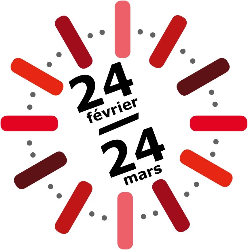 Affiche composée d’un cadran circulaire stylisé avec les dates « 24 février » et « 24 mars » au centre.
