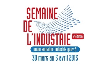 Affiche de la Semaine de l'industrie 2015 avec les mentions « Semaine de l'industrie », « 5e édition » et « 30 mars au 5 avril 2015 ».