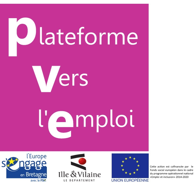 Affiche de la plateforme « Vers l'emploi » sur fond rose avec les logos de l'Europe, du Département d'Ille-et-Vilaine et de l'Union européenne.
