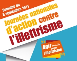 Affiche des Journées nationales d'action contre l'illettrisme 2015 avec les mentions « Agir ensemble contre l'illettrisme » et « Journées nationales d'action contre l'illettrisme ».