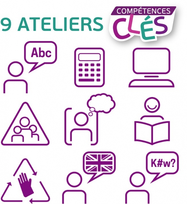 Infographie « Compétences Clés » présentant neuf pictogrammes illustrant la communication, le calcul, le numérique, le travail en équipe, l’autonomie, l’apprentissage, la sécurité, l’anglais et le français langue étrangère.