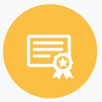 Pictogramme blanc représentant un diplôme accompagné d’une médaille, sur un fond circulaire jaune.