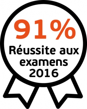 Visuel en forme de médaille affichant « 91 % Réussite aux examens 2016 ».