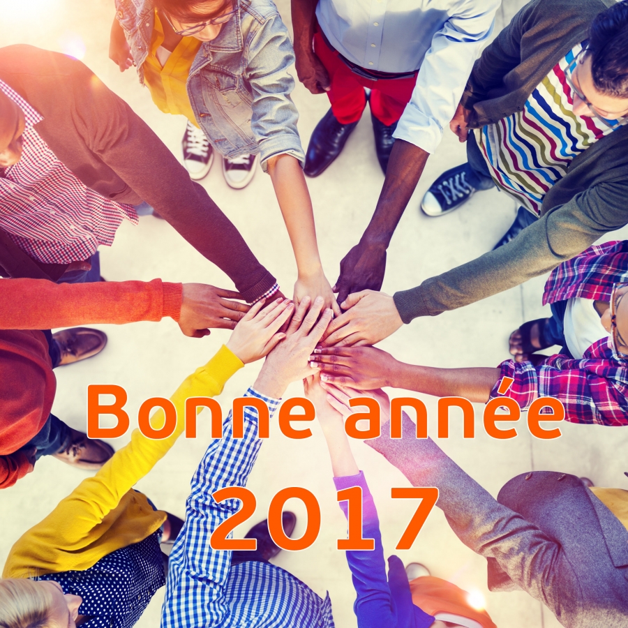 Affiche de vœux montrant plusieurs personnes réunies en cercle avec leurs mains superposées au centre et le texte « Bonne année 2017 ».