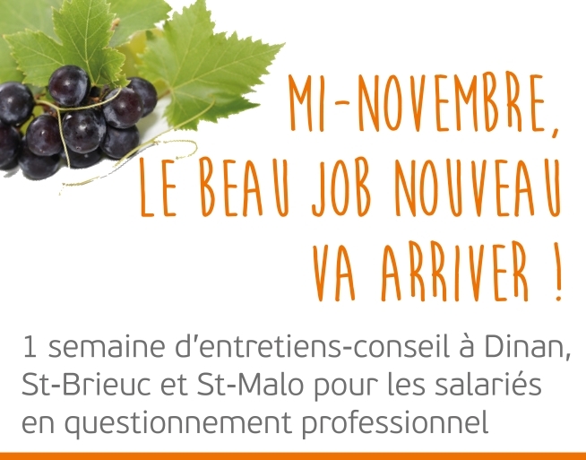 Affiche illustrée avec une grappe de raisin et le message « Mi-novembre, le beau job nouveau va arriver ! ».