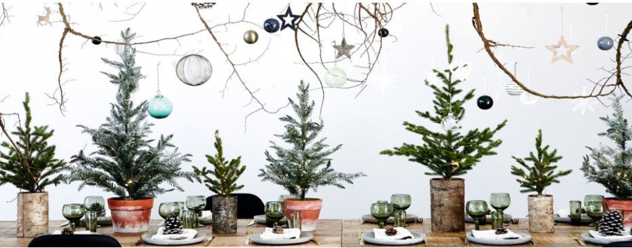 Table dressée avec plusieurs petits sapins décoratifs en pot et des ornements de Noël suspendus au-dessus.