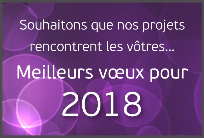 Affiche de vœux 2018 avec un fond violet et le texte « Souhaitons que nos projets rencontrent les vôtres... Meilleurs vœux pour 2018 ».