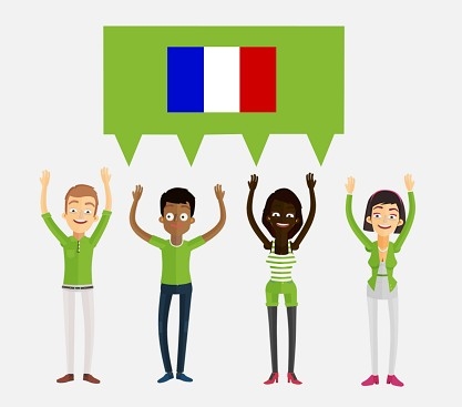 Illustration représentant quatre personnages levant les bras sous une bulle de dialogue verte contenant un drapeau français.
