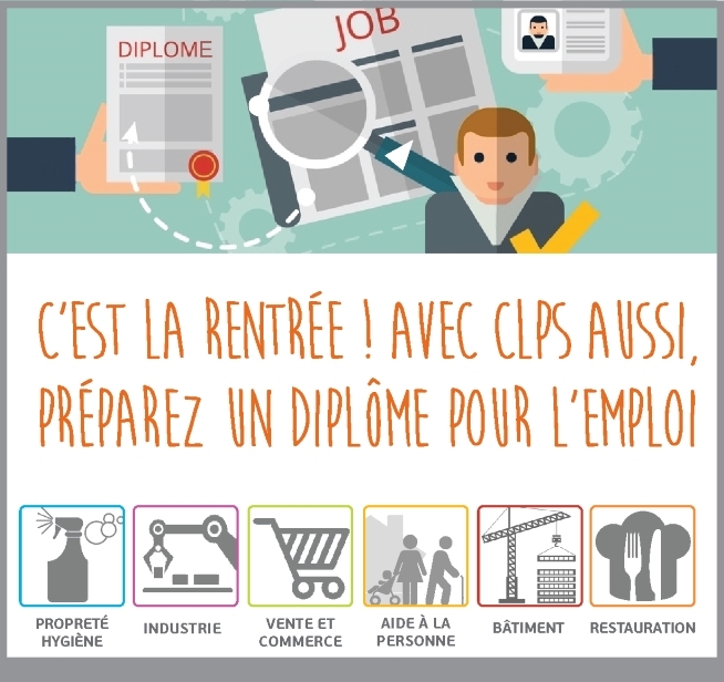 Affiche illustrée consacrée à la rentrée de formation, présentant plusieurs secteurs professionnels autour du message « Préparez un diplôme pour l’emploi ».