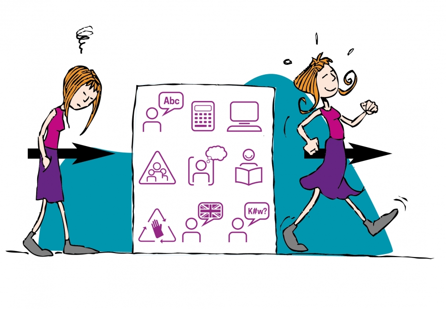 Illustration représentant deux personnages dessinés de part et d'autre d'un panneau comportant plusieurs pictogrammes liés aux apprentissages, au numérique, à la communication et au travail en équipe.
