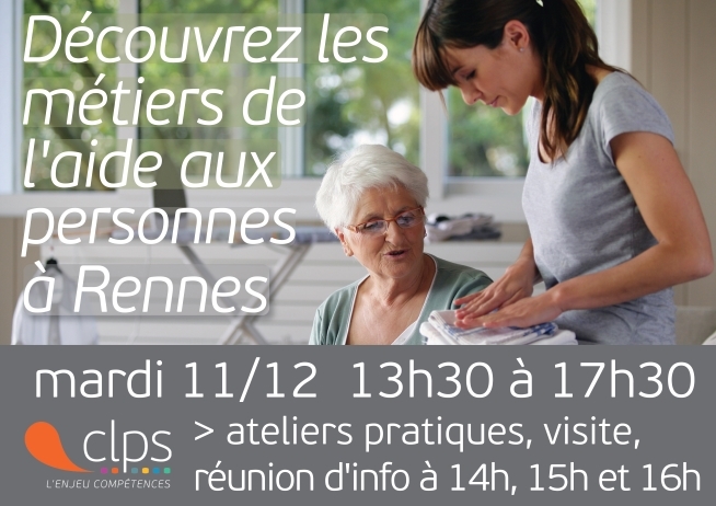 Affiche présentant une femme âgée et une autre femme pliant du linge, accompagnée d'informations sur une journée découverte des métiers de l'aide aux personnes.