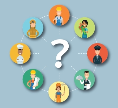 Illustration représentant plusieurs personnages associés à différents métiers autour d'un point d'interrogation central. On distingue notamment des professions du bâtiment, de la restauration, de la santé et des services.