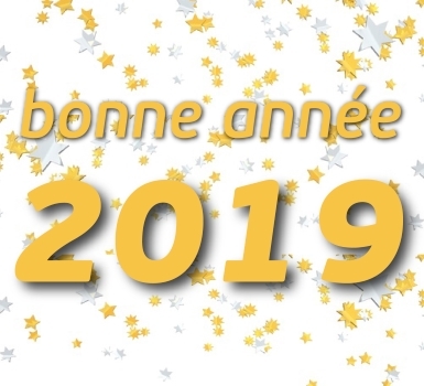 Carte de vœux affichant le message « bonne année 2019 » en grandes lettres jaunes sur fond blanc parsemé d’étoiles dorées et grises.