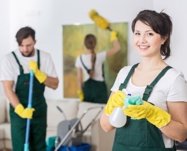 Une femme au premier plan portant des gants jaunes, une salopette verte et tenant un pulvérisateur ainsi qu’une éponge. À l’arrière-plan, deux autres personnes réalisent des opérations de nettoyage.