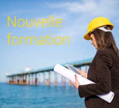 Femme portant un casque de chantier jaune et tenant des plans roulés, consultant une tablette numérique devant un ouvrage de génie civil en arrière-plan.