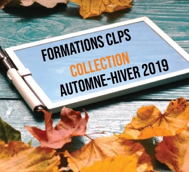 Visuel présentant une tablette numérique entourée de feuilles d'automne. Le texte « Formations CLPS Collection Automne-Hiver 2019 » est affiché à l'écran.