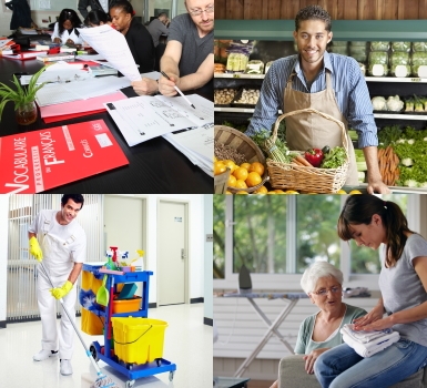 Montage de quatre photographies illustrant différents secteurs professionnels : formation administrative, commerce, propreté et aide à la personne.