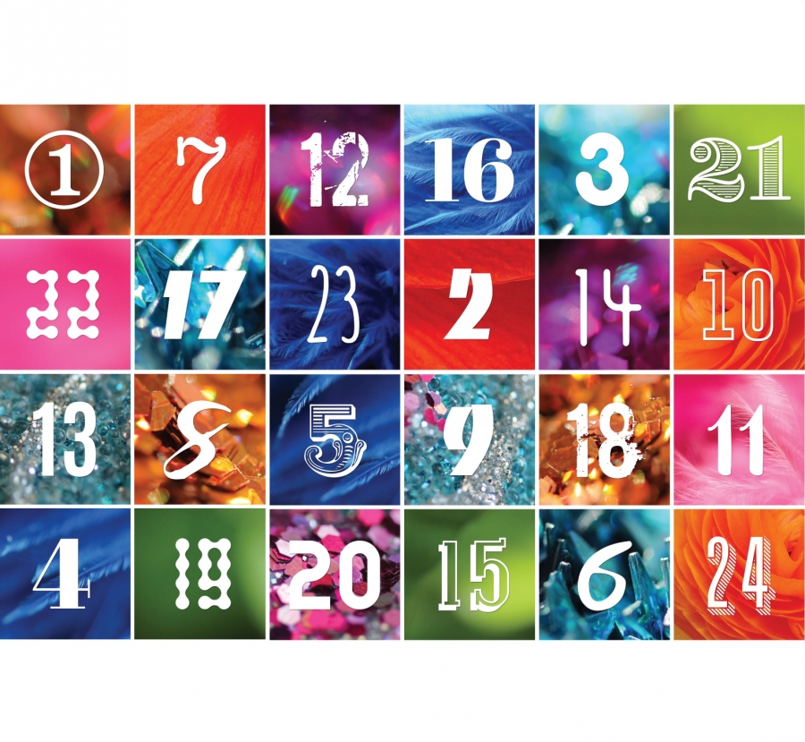 Calendrier de l'Avent composé de vingt-quatre cases colorées numérotées de 1 à 24 sur des fonds illustrés de feuilles, plumes et éléments décoratifs.