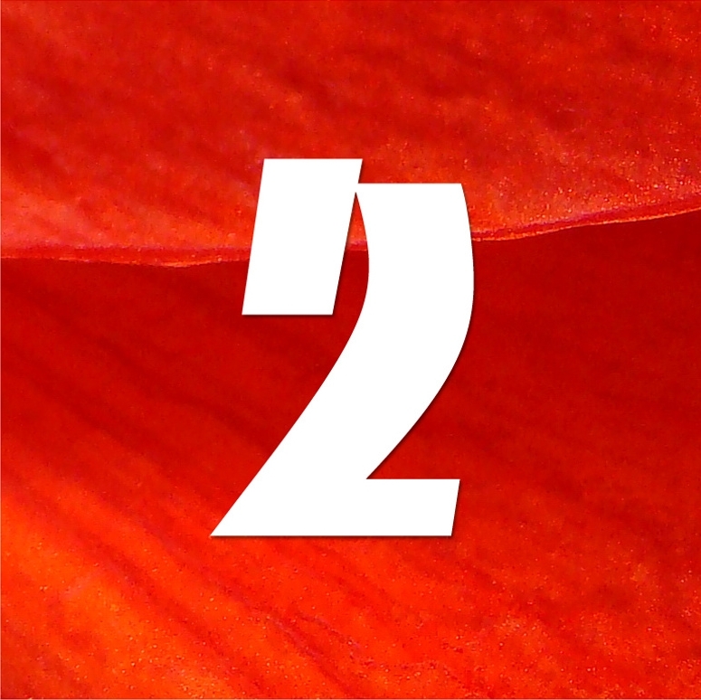Chiffre 2 blanc sur fond rouge texturé.