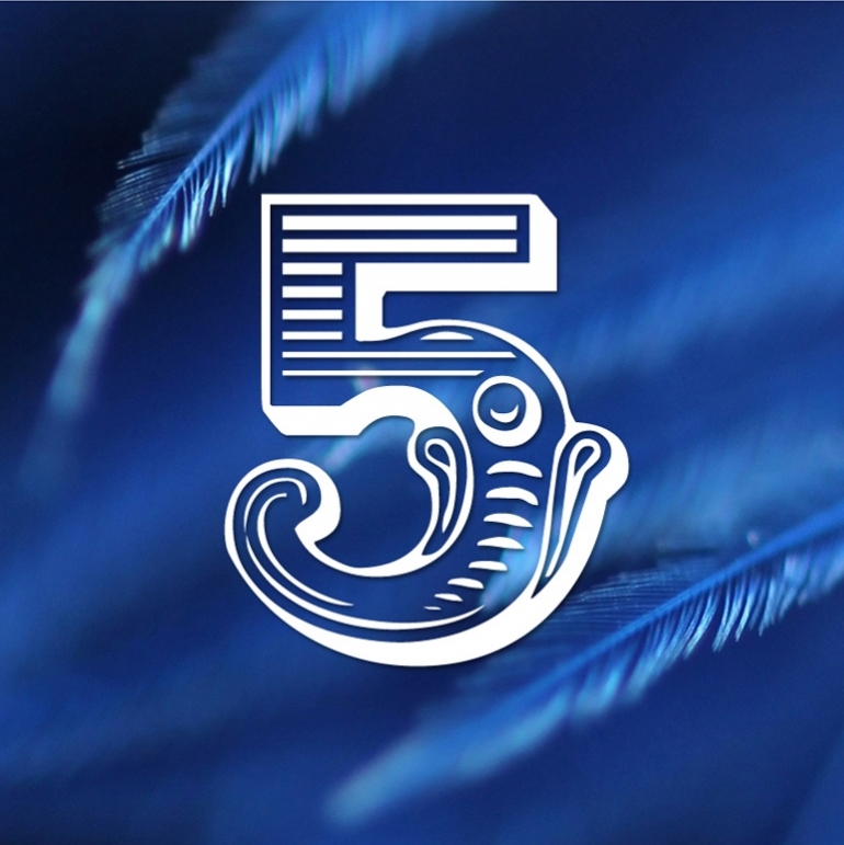 Chiffre 5 blanc stylisé sur fond bleu composé de textures évoquant des plumes ou des fibres.