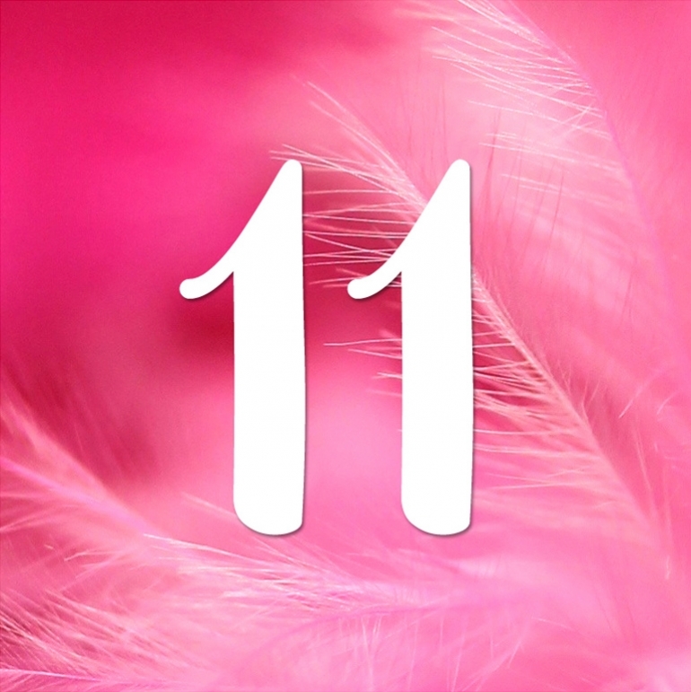 Chiffre 11 blanc sur fond rose composé de plumes légères.
