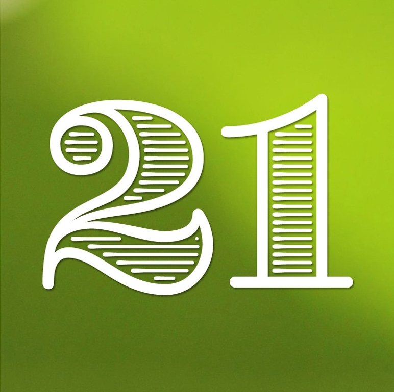 Nombre 21 blanc stylisé sur fond vert dégradé.