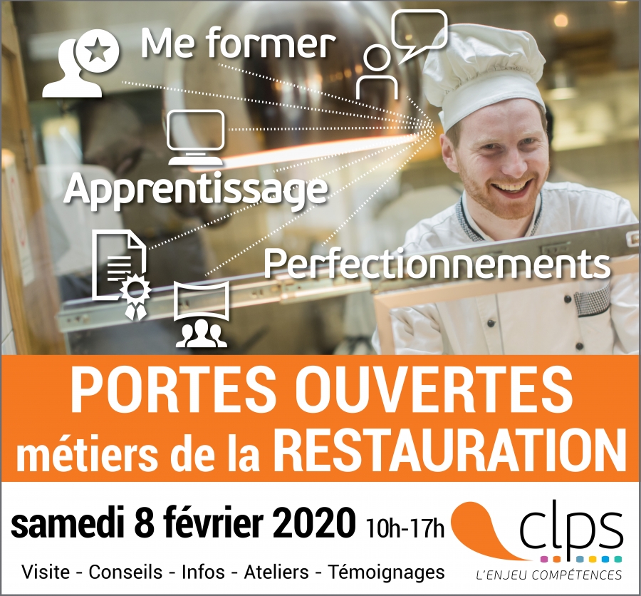 Affiche annonçant des portes ouvertes dédiées aux métiers de la restauration. Une personne en tenue de cuisine est visible en arrière-plan. Le texte indique notamment « Portes ouvertes métiers de la restauration » et « samedi 8 février 2020 ».
