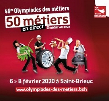 Affiche des 46ᵉ Olympiades des métiers présentant plusieurs professionnels en action. Le texte indique « 50 métiers en direct » et « 6 > 8 février 2020 à Saint-Brieuc ».