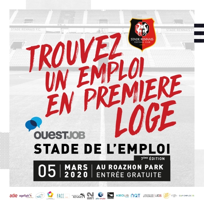 Affiche du Stade de l'emploi 2020 au Roazhon Park avec le message : « Trouvez un emploi en première loge ». Les mentions « Stade de l'emploi », « 5 mars 2020 » et « Entrée gratuite » sont visibles.