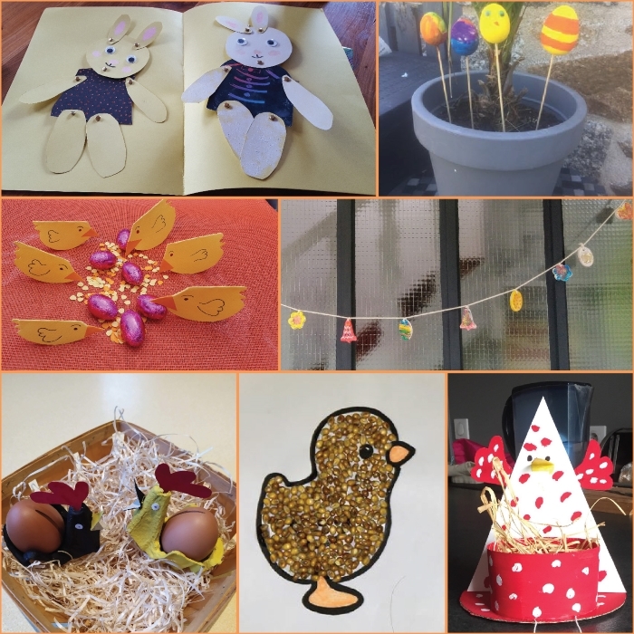 Montage de six photographies présentant des créations manuelles sur le thème de Pâques : lapins en papier, œufs décorés dans un pot de fleurs, poussins réalisés en collage, guirlande décorative, nid avec œufs et décoration en forme de poussin.