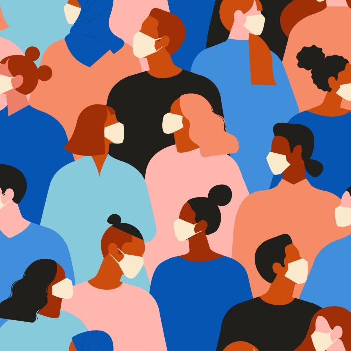 Illustration représentant un groupe de personnes portant des masques de protection. Les personnages sont dessinés dans différentes couleurs sur un fond uni.