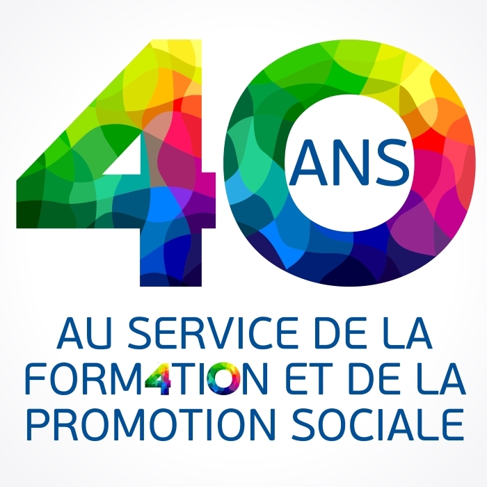 Logo des 40 ans de l’ANS composé du nombre « 40 » rempli de formes géométriques colorées dans des tons verts, jaunes, bleus, violets, roses et rouges. Les lettres « ANS » apparaissent au centre du zéro. Sous le logo figure le texte « AU SERVICE DE LA FORMATION ET DE LA PROMOTION SOCIALE » avec un petit logo « 40 » intégré au mot « FORMATION ».