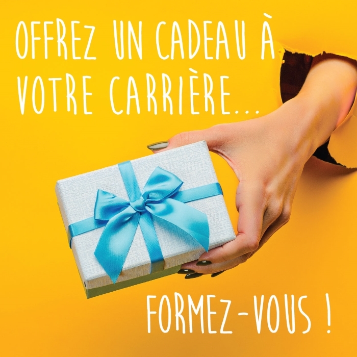Visuel promotionnel sur fond jaune vif. Une main sort d'une déchirure pratiquée dans le fond et tend vers l'avant un coffret cadeau rectangulaire gris clair emballé avec un large ruban bleu et un nœud assorti. Le texte blanc « OFFREZ UN CADEAU À VOTRE CARRIÈRE... » apparaît dans la partie supérieure gauche de l'image et la mention « FORMEZ-VOUS ! » est inscrite dans la partie inférieure. La composition met en évidence le cadeau présenté au centre de l'image sur un fond uni très lumineux.