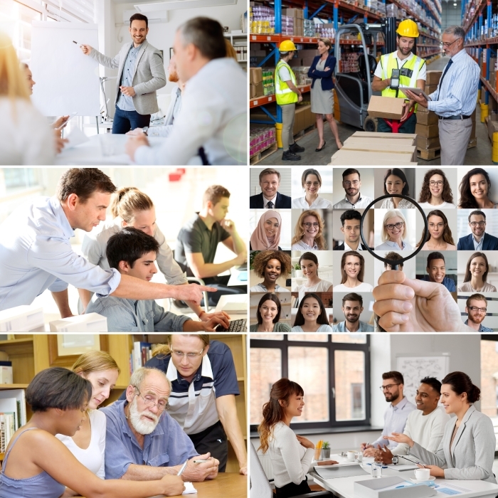 Montage composé de six photographies représentant différents environnements professionnels. Un homme réalise une présentation devant des collègues en salle de réunion, plusieurs professionnels travaillent dans un entrepôt logistique équipé de rayonnages et de palettes, un formateur accompagne des apprenants devant des ordinateurs, une main tient une loupe devant une mosaïque de portraits, plusieurs personnes consultent des documents autour d'une table et un groupe échange lors d'une réunion dans un bureau.