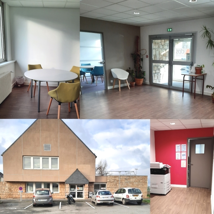 Montage de quatre photographies des locaux du CLPS Lannion. Une salle de réunion avec une table ronde blanche et quatre chaises, un hall d'accueil avec porte vitrée, fauteuils et plantes vertes, la façade extérieure du centre de formation avec parking et véhicules stationnés, ainsi qu'un espace de bureau équipé d'une imprimante devant un mur rouge.