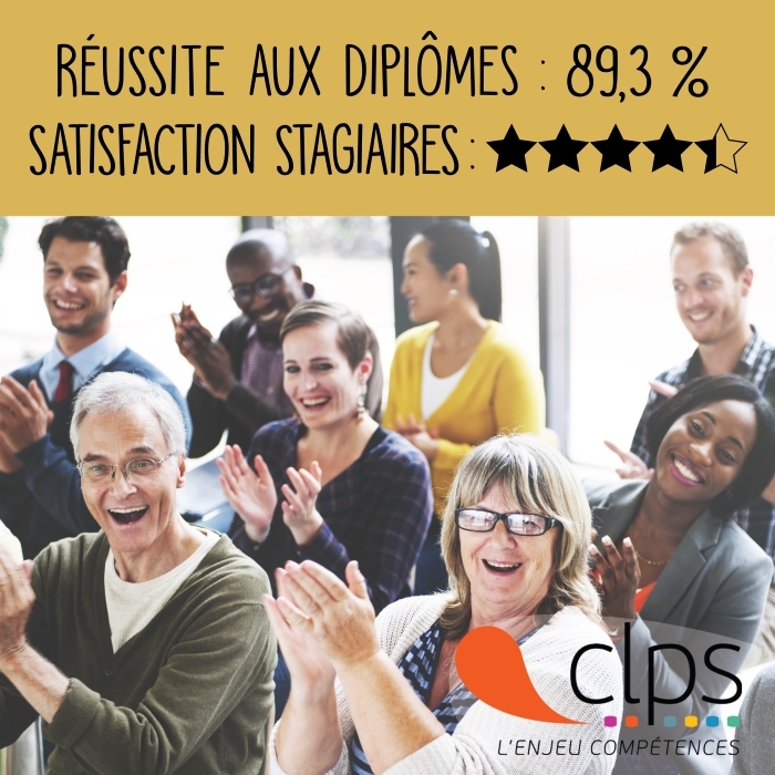 Affiche CLPS présentant un groupe d'adultes assis en salle de formation et applaudissant. Dans la partie supérieure figurent les mentions « Réussite aux diplômes : 89,3 % » et « Satisfaction stagiaires » accompagnée d'une notation par étoiles.