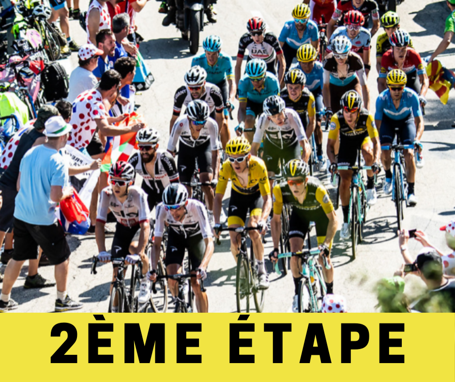 Photographie d'un peloton cycliste roulant sur une route bordée de spectateurs. Plusieurs dizaines de coureurs portent des maillots aux couleurs variées (jaune, bleu, noir, vert, blanc et rouge) ainsi que des casques de protection. Les spectateurs sont rassemblés de chaque côté de la chaussée, certains portant des vêtements à pois rouges et agitant des drapeaux au passage de la course. Un bandeau jaune occupe toute la partie inférieure de l'image avec l'inscription « 2ÈME ÉTAPE » en grandes lettres noires.