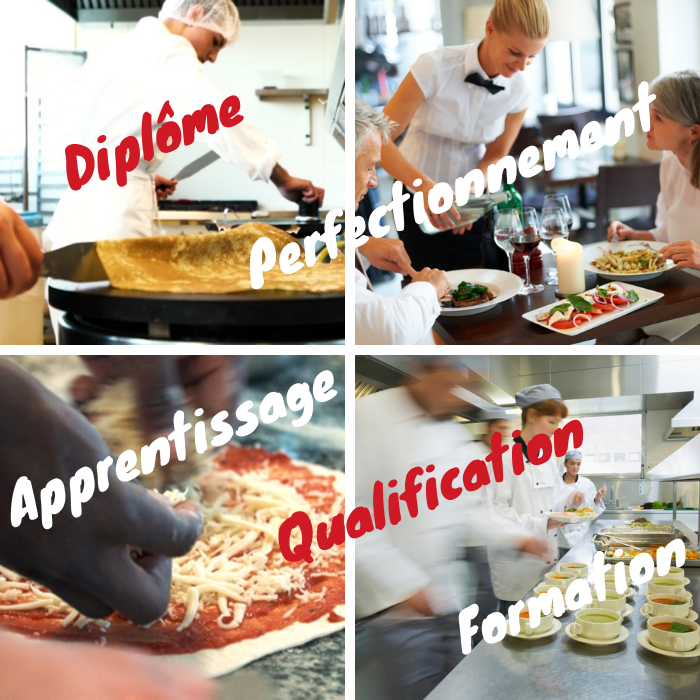 Montage illustrant les formations aux métiers de la restauration, de l’hôtellerie et de la cuisine professionnelle avec des activités de préparation culinaire, de service en salle et d’apprentissage.