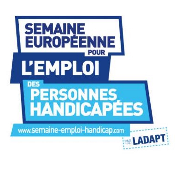 Affiche de la Semaine européenne pour l’emploi des personnes handicapées avec un visuel bleu et blanc.