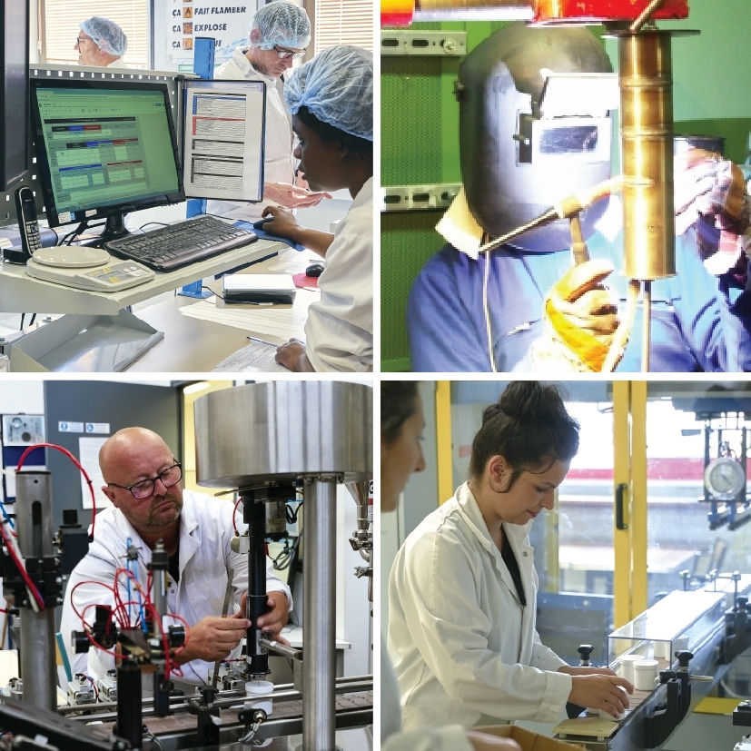 Montage de quatre photographies montrant différents environnements industriels : poste informatique de production, opération de soudage, maintenance d’équipement et conduite de ligne.