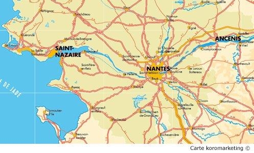 Carte représentant l’ouest de la France avec les villes de Nantes, Saint-Nazaire et Ancenis.